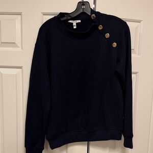 10 Crosby Derek Lam Navy Crewneck Sweatshirt with Gold Accent Buttons